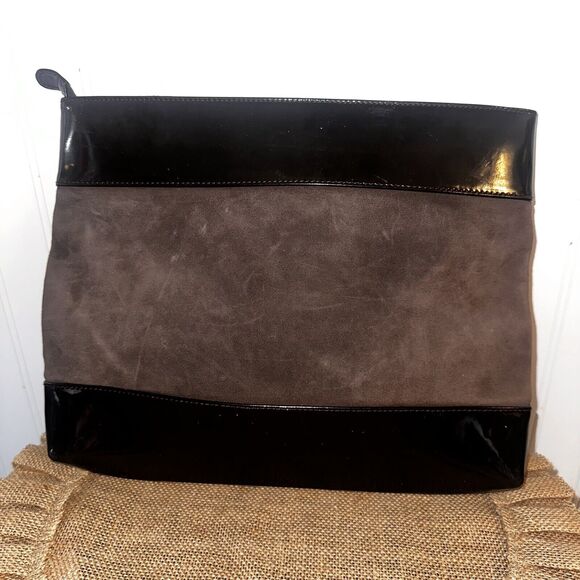 Gucci Vintage Brown Suede Patent Leather Large Clutch Authentic EUC - Picture 2 of 7